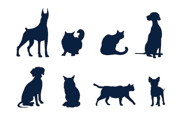 Vettore gratuito set di silhouette per cani e gatti dal design piatto