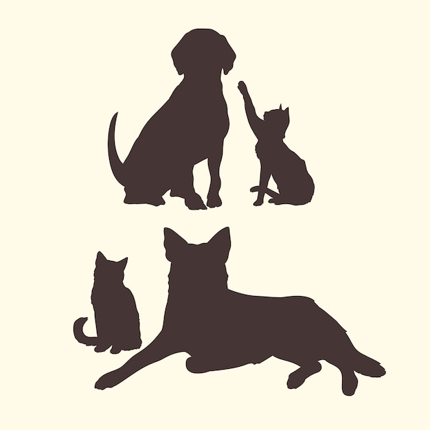 Vettore gratuito set di silhouette per cani e gatti dal design piatto