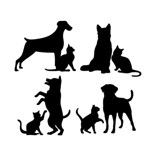 Vettore gratuito set di silhouette per cani e gatti dal design piatto