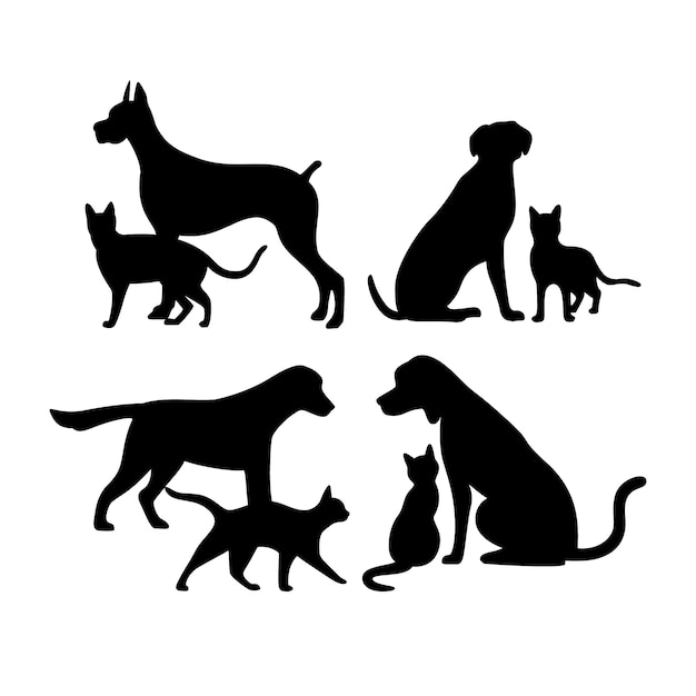 Vettore gratuito set di silhouette per cani e gatti dal design piatto