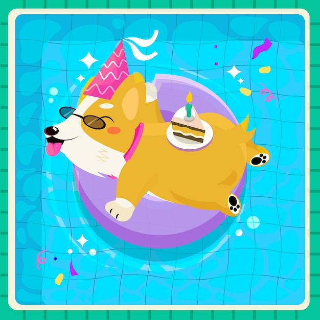 フラットなデザインの犬のプールパーティーのイラスト