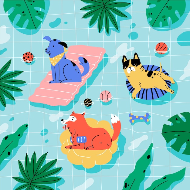 Vettore gratuito illustrazione di festa in piscina cane design piatto