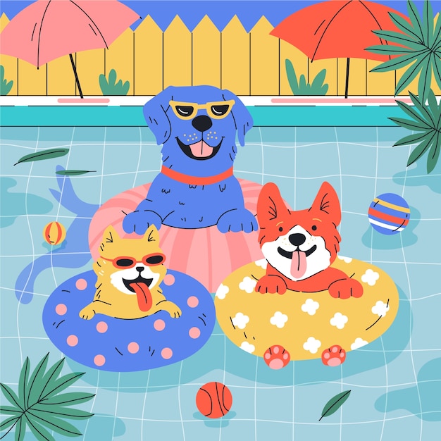 フラットなデザインの犬のプールパーティーのイラスト