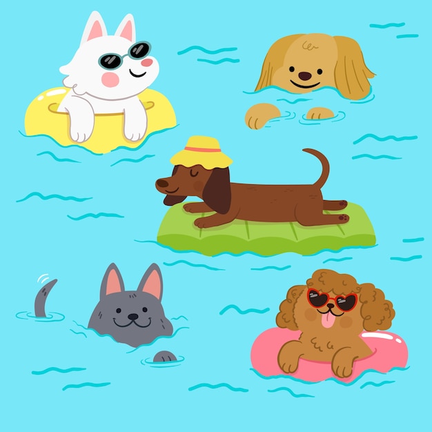 無料ベクター フラットなデザインの犬のプールパーティーのイラスト