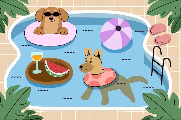 フラットなデザインの犬のプールパーティーのイラスト