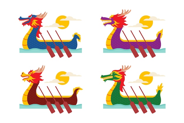 Бесплатное векторное изображение Коллекция лодок-драконов с плоским дизайном