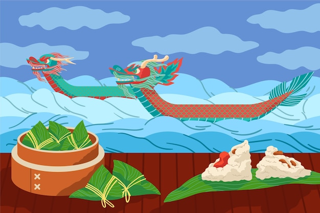 Free vector flat design dragon boat's zongzi background