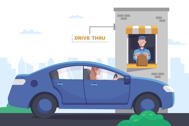 Flat design drive thru window with car and worker