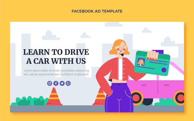 Flat design driving school facebook template