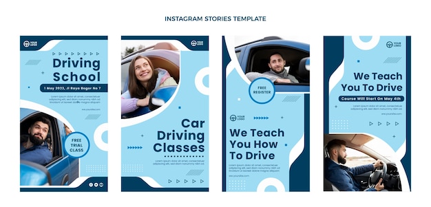 Free vector flat design driving school instagram stories