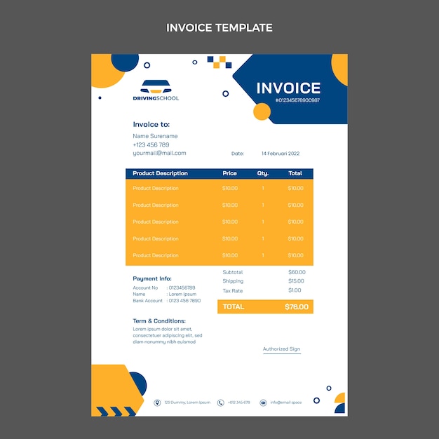 Free vector flat design driving school invoice template