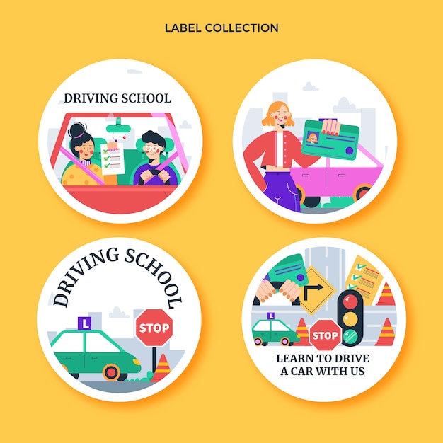 Free vector flat design driving school label collection