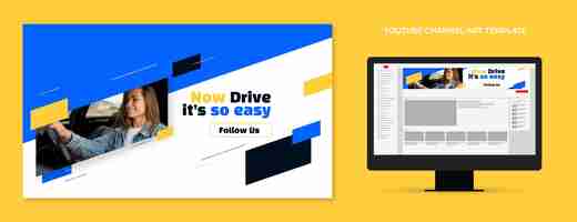 Free vector flat design driving school youtube channel art template