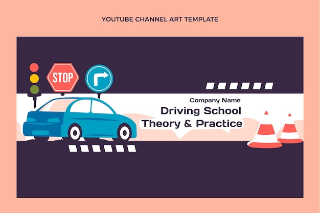 Free vector flat design driving school youtube channel art