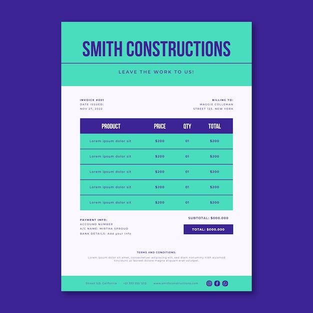 Flat design duotone construction invoice