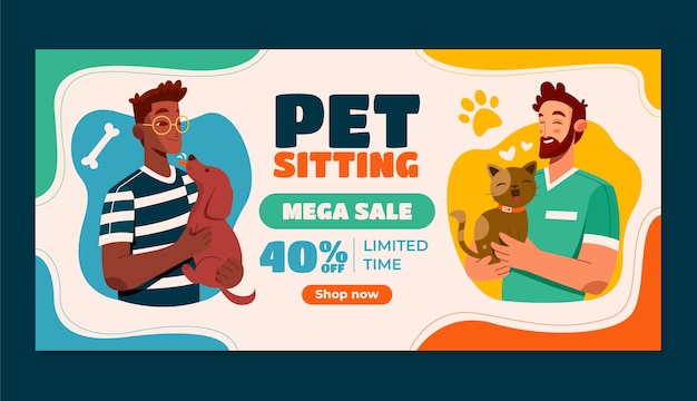 Vettore gratuito banner di vendita dinamico pet sitter design piatto