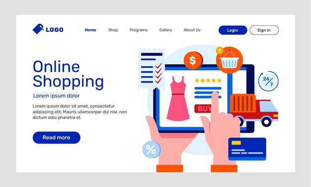 フラットデザインのeコマースウェブサイトのランディングページ