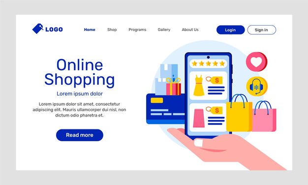 フラットデザインのeコマースウェブサイトのランディングページ