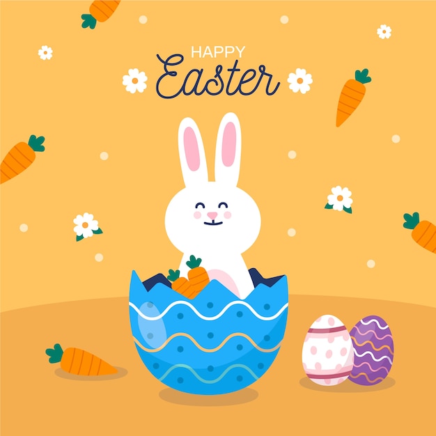 Flat design easter with bunny and carrots