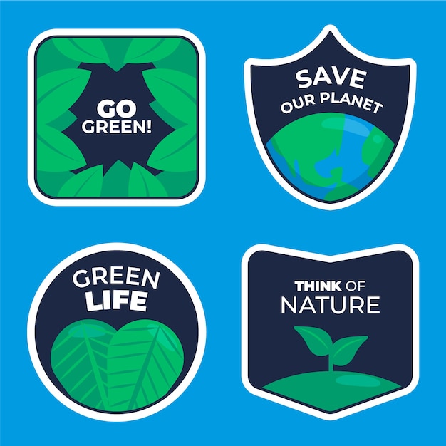 Vettore gratuito collezione di badge per l'ecologia dal design piatto