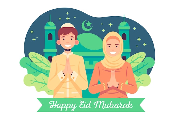 Free vector flat design eid mubarak with man and woman praying