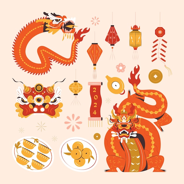 中国の新年祭りのフラットデザイン要素コレクション