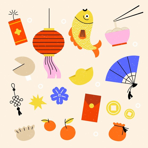 Коллекция плоских элементов дизайна для фестиваля китайского Нового года
