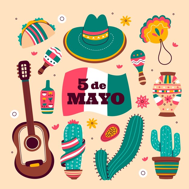 Коллекция элементов плоского дизайна для празднования синко де майо