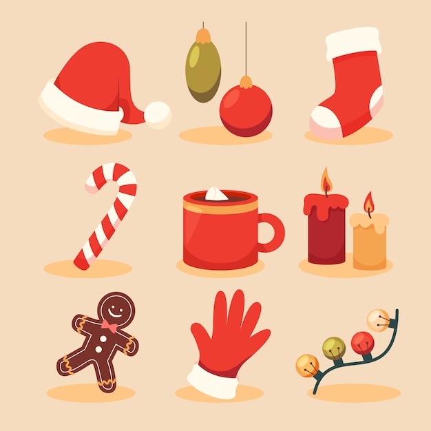 Бесплатное векторное изображение Коллекция элементов плоского дизайна для рождественского сезона