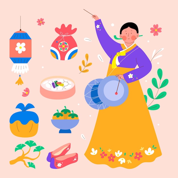 Бесплатное векторное изображение Коллекция плоских элементов дизайна для празднования корейского фестиваля сеолла
