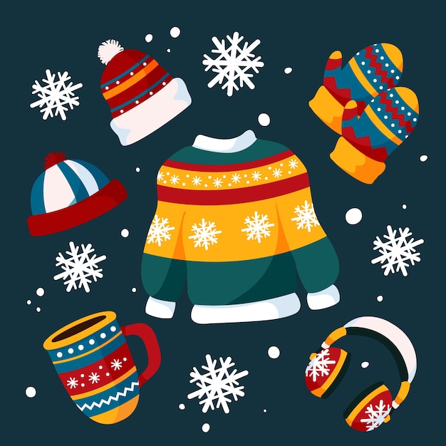 Бесплатное векторное изображение Коллекция элементов плоского дизайна для зимнего сезона