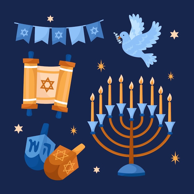 Vettore gratuito collezione di elementi di design piatti per la celebrazione ebraica di hanukkah