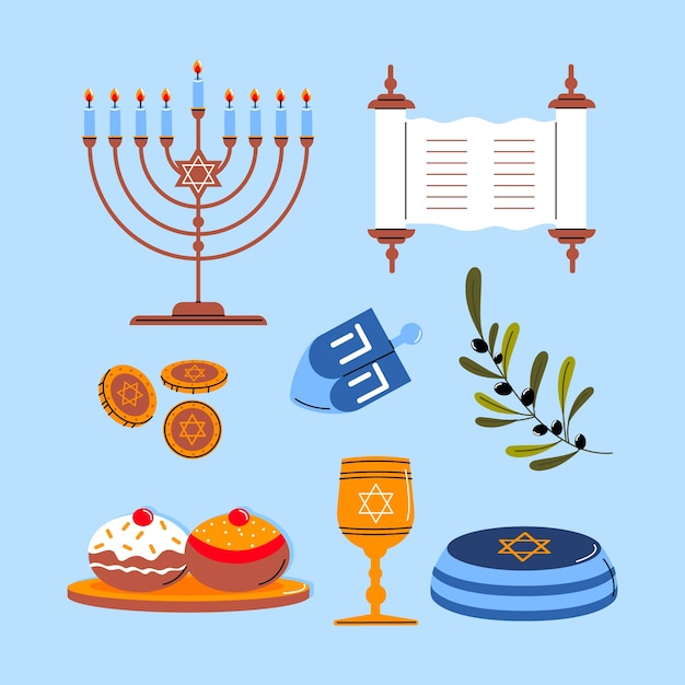 ユダヤ人のハヌッカの祝賀のためのフラットデザイン要素コレクション
