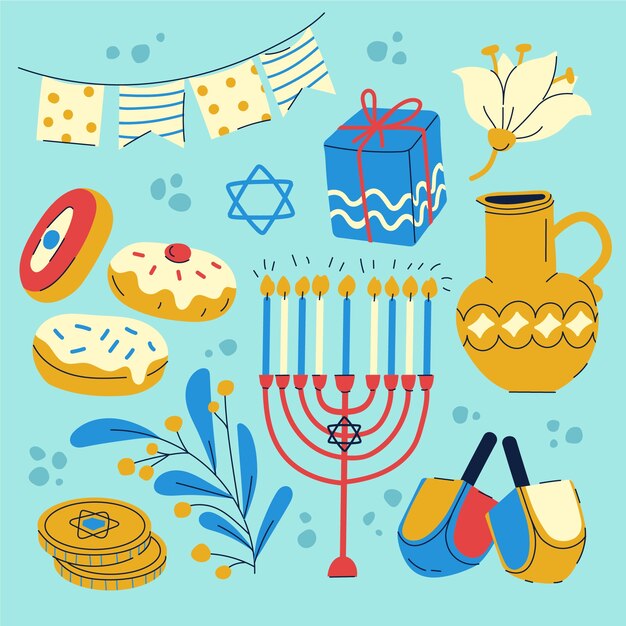 유대인 하누카 축제를 위한 평평한 디자인 요소 컬렉션