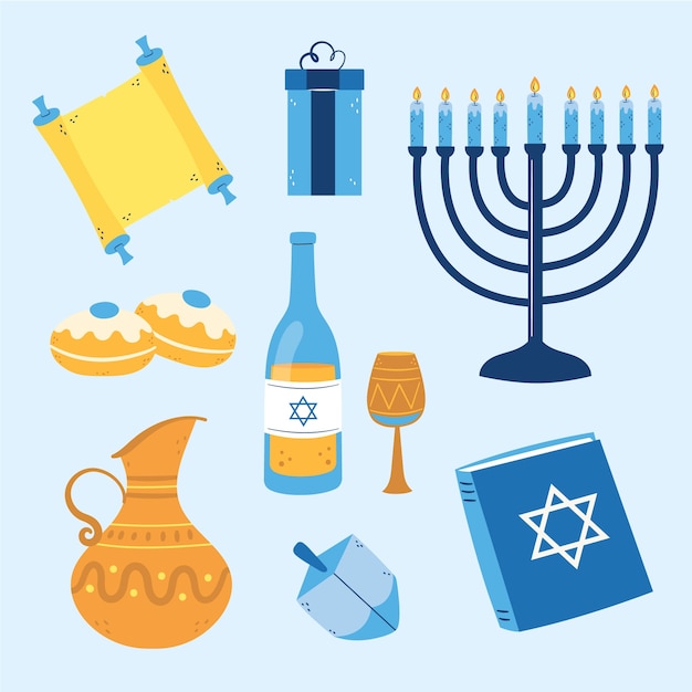 Vettore gratuito collezione di elementi di design piatti per la celebrazione ebraica di hanukkah