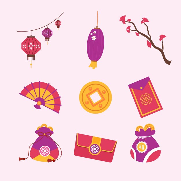 Коллекция плоских элементов дизайна для празднования корейского фестиваля сеолла