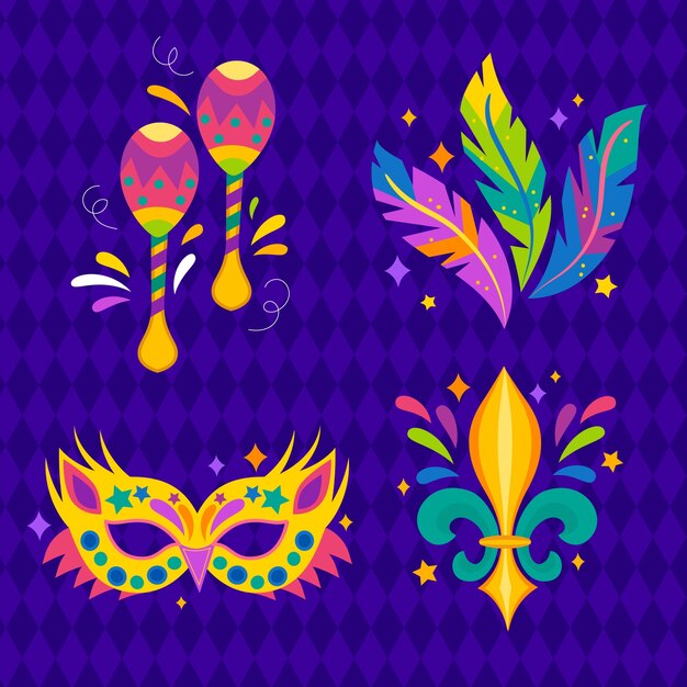 Flat design elements collection for mardi gras festival