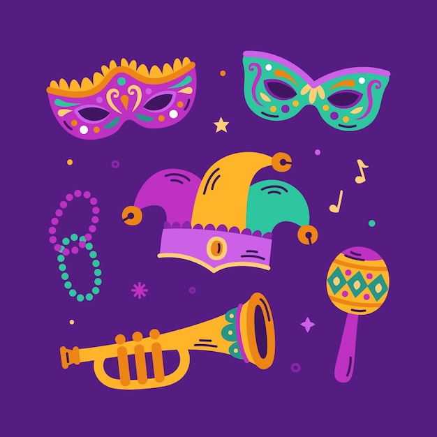 Free vector flat design elements collection for mardi gras festival