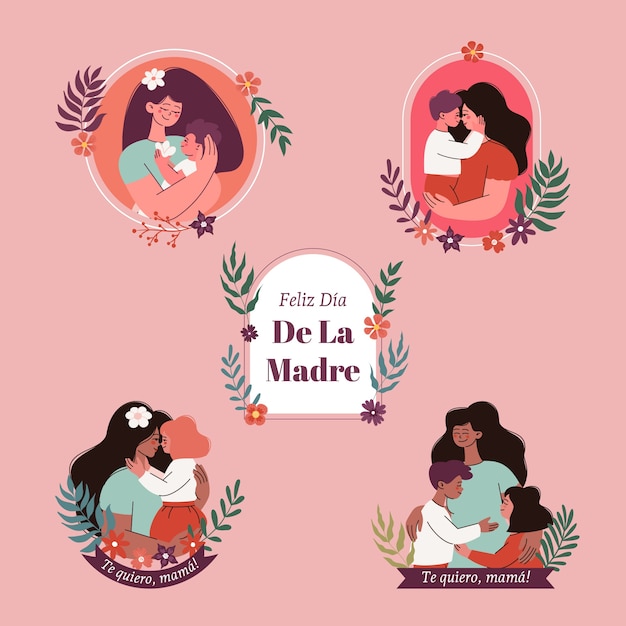 스페인어에서 어머니의 날 축하를 위한 평평한 디자인 요소 컬렉션