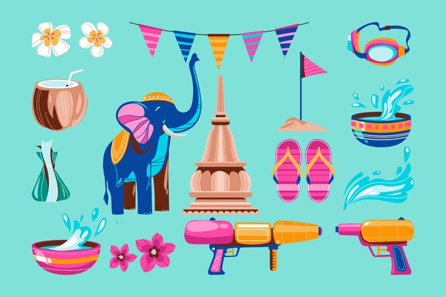 Flat design elements collection for songkran water festival celebration