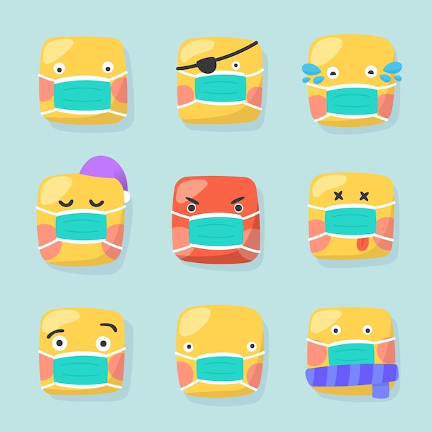 Free vector flat design emoji with face mask pack