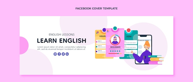 Flat design english lessons facebook cover