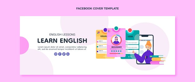 Flat design english lessons facebook cover