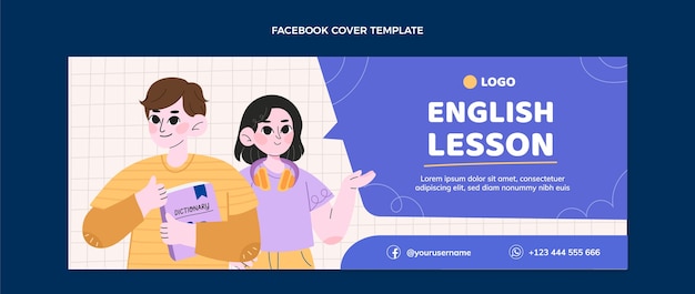 Flat design english lessons facebook cover