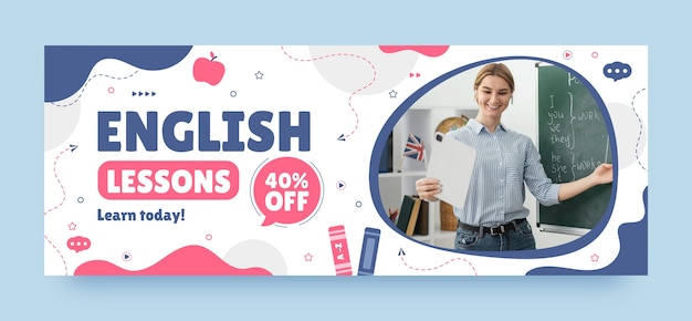 Free vector flat design english lessons  facebook cover