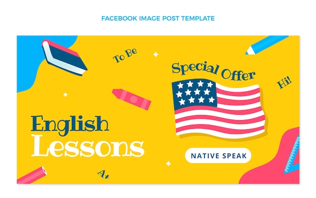 Vettore gratuito modello di post su facebook per lezioni di inglese dal design piatto