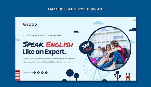 Vettore gratuito post facebook di lezioni di inglese design piatto