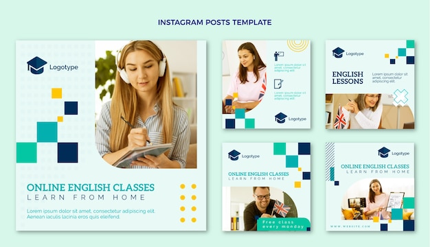 Free vector flat design english lessons instagram post pack