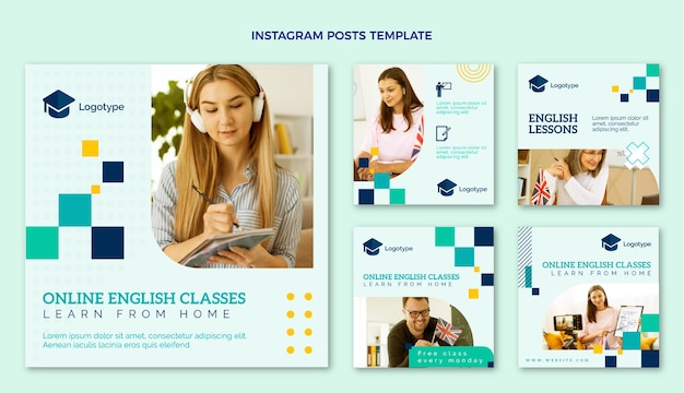 無料ベクター フラットデザイン英語レッスンinstagramポストパック