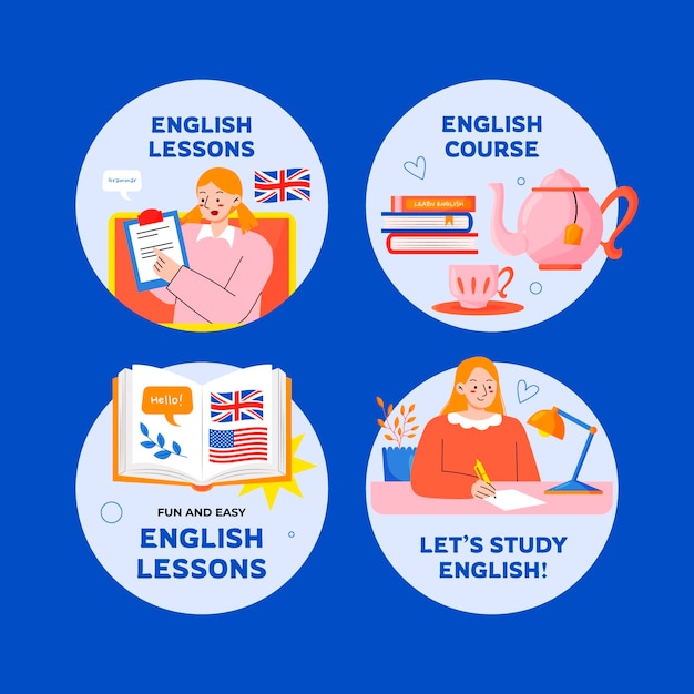 Free vector flat design english lessons labels